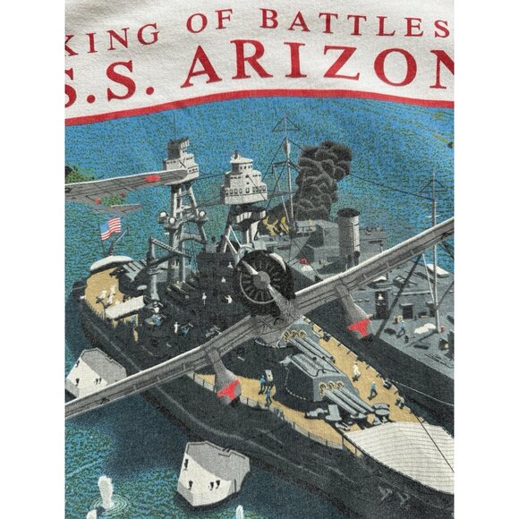 Vintage 90's USS Arizona Pearl Harbor Hawaii Battleship USA World War White Tee - Picture 7 of 16